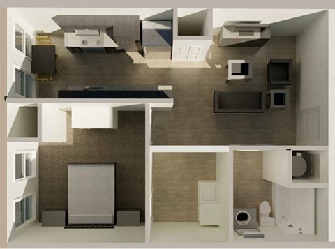 Floor plan for 1 bed, 1 bath, 597 sqft